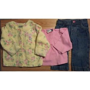 Girl's Size 12 M Months 3 Piece Floral Outfit Yellow Jacket, Pink Top & Jeans